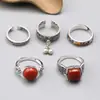 Anel de prata de lei com mantras de seis caracteres e ágata vermelha do sul anel retrô desgastado boca viva ajustável para o dedo indicador anel largo com borla