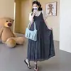 Vestido de maternidad verano nuevo top de manga corta, vestido de tirantes floral de longitud media para mujeres embarazadas, conjunto de dos piezas para mujeres embarazadas