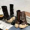 Botas altas nuevas de suela gruesa con hebilla de cinturón, botas western de punta redonda estilo motociclista para mujer, botas de montar plisadas con cremallera