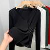 Playera de Algodón de Manga Larga con Cuello en V de Color Sólido para Mujer 2024 Nueva Camiseta Delgada de Otoño para Capa Interior con Diseño Asimétrico Top