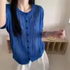 Chaqueta cárdigan de punto azul fino estilo coreano, calada, de manga corta para mujer, Top tipo camiseta corta madura, estilo primavera