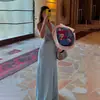 Comercio Exterior Europeo y Americano 2025 Verano Nuevo Elegante Escote en V Profundo Seda Satén Suave Vestido Largo con Costuras Cuello Cintura Vestido Sexy