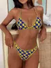Novo Conjunto de Biquíni Listrado com Alças e Estampa Xadrez, Moda Praia Verão para Mulheres