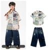 Roupas da Moda Street Dance para Crianças Jeans Largos Rasgados Meninos Hip-Hop Marca da Moda Roupa Hiphop para Crianças Performance Infantil