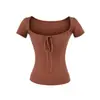 Camiseta corta de manga corta estilo Ins, pura y seductora, con escote en U profundo y cierre de corbata, nuevo modelo de verano con exposición de clavícula y diseño que ciñe la cintura