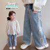 Jeans Cross-Border 2026 Novo Estilo com Laço para Meninas Calças Casuais Retas para Primavera e Outono para Meninas Jovens e Crianças Pequenas