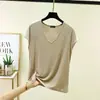 Camiseta de Manga Corta de Modal con Cuello en V para Mujer Verano Talla Grande Delgada Holgada Camiseta Base Interior Sencilla Color Sólido Top para Vestir