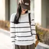 Suéter Feminino Gola Redonda 100% Algodão Puro, Novo Estilo Primavera/Verão, Mangas Longas Raglan, Design Listrado Color-Blocking Vazado, Camada Base