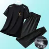 Conjunto Fresco de Seda Gelo Masculino Verão Secagem Rápida Camiseta Calça Casual Esportivo Conjunto de Duas Peças [Conjunto de Calça de Manga Curta]