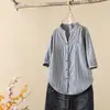 Camisa Japonesa de Gasa de Algodón de Doble Capa de Manga Tres Cuartos para Mujer Verano Retro Literaria Cuello en V Slim Rayas Verticales Top de Algodón Versátil