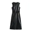 Venda Quente Internacional Aliexpress Nova Moda Primavera 2026 Vestido Feminino de Couro Sintético com Cinto 4369252