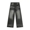 Pantalones Largos de Mezclilla nirben Estilo Retro Americano Lavados Desgastados con Bigotes Desestructurados para Hombre Versátiles Rectos Sueltos