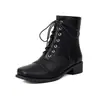 Botines cortos de cordones con punta cuadrada y tacón medio para mujer, estilo otoño/invierno talla grande, Botas Martin europeas y americanas, modelo de exportación 3-639