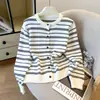 Malha Listrada Elegante e Simples de Alta Qualidade, Estilo Coreano Outono/Inverno, Suéter Color Block, Peça Externa Feminina