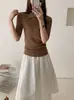 Nueva camiseta de punto de manga corta para mujer, con cuello polo, patrón de espiga adelgazante, 100% lana merino, lavable a máquina, para otoño