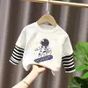 Camiseta de manga larga con estampado de dibujos animados, elegante y linda, estilo coreano, para bebés niños, ropa de otoño, algodón puro, retazos, imitación de dos piezas