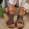 Sandalias de Playa de Cuña Retro con Velcro de Punta Abierta y Costuras Huecas de Comercio Exterior Europeo y Americano para Mujer