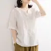 6 colores algodón lino bordado camisa mujer literaria holgada jersey mangas cortas bordadas botón cuello en V talla grande verano nuevo