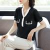Camiseta Elegante de Manga Curta para Mãe Roupas de Verão para Mulheres de Meia-idade Top de Seda Gelada com Decote em V Roupa Conjunto de Tricô Fino Elegante para Meia-idade
