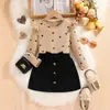Comercio Exterior Ropa Infantil Estilo Coreano Conjunto para Niñas Caqui Manga Abullonada Pequeña Estampado de Corazones Top + Falda de Línea A con Lazo Dos Piezas