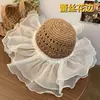 [Lote de Fábrica] Sombrero de Paja de Rafia con Encaje para Mujer Verano Protección Solar Calado Ala Ancha Borde Rizado Sombrero de Playa Estilo Caliente Transfronterizo