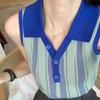 Estilo francés dulce y picante estilo POLO cuello color contraste sin mangas chaleco rayado para mujer verano chic sentido del diseño nicho top corto