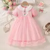 Vestido de Verão para Meninas Elsa Princesa com Gola de Lantejoulas, Manga Curta e Tela, Vestido Costurado Frozen Infantil