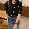 Estilo Transfronteiriço Novo Estilo Verão Fino Estilo Hyun Flor Bordada Top de Manga Curta Suéter Tricotado Feminino Gola Redonda Camiseta Básica Curta