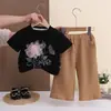 Ropa de Niña Estilo Nuevo de Verano Conjunto de Dos Piezas de Pierna Ancha a la Moda con Lentejuelas Hot-Fix y Pedrería Ropa para Niños Estilo Casual Conjunto para Bebé Niña