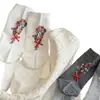 Meias de Cano Médio Ins Florais Estilo Coreano, Série Cinza Fina Primavera e Verão, Acessórios Românticos de Laço, Meias Florais Doces