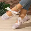 Sapatilhas de Renda com Laço Cruzado Europeias e Americanas para Mulheres, Sapatos Respiráveis de Malha com Solado Macio, Sapatos Casuais de Moda