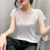 Foto Real Pronta Entrega Verão 2023 Nova Sexy Renda Recortada Brilhante Diamante Manga Curta Slim Moda Camiseta para Mulheres