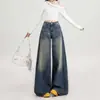 Calça Jeans Wide-Leg Azul Nostálgica para Mulheres, Nova Tendência Verão 2026 Cintura Alta Emagrecedora Solta Drapada Comprimento Total