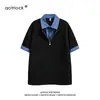 Camisa polo unissex de manga curta com zíper parcial, estilo americano, dupla face, peso pesado, falsa peça dupla, em preto da moda, para outono, inverno e verão