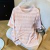 Foto Real de Top de Punto Hueco Rayado Delgado Casual Simple Rosa Nuevo de Manga Corta para Mujer