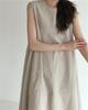 Vestido Longo de Algodão e Linho Solto Oversized Sem Mangas Estilo Chic Coreano Cor Abóbora