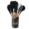 Set de diez piezas de utensilios de cocina de silicona negra con tubo de almacenamiento negro antiadherente, espátula de cocina y juego de cucharas de silicona suave