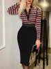 Vestido sexy de manga larga a cuadros con cuello en V que cubre la cadera, nueva moda transfronteriza europea y americana para mujer 2025 (Viene con Cinturón)