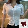 Camisa de manga comprida com decote em V feminina de âncora de peito apertado 2022 primavera e outono elegante slim-fit sexy cyber celebridade camisa branca feminina