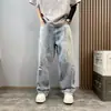 Jeans Casuales de Pierna Ancha Recta Sueltos con Diseño Lavado, Salpicaduras de Pintura Deteriorada, Rasgados, Transversales, de Calle Alta