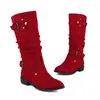 Botas de cuero para mujer en tallas 34-57, punta redonda, tacón cuadrado, suela de goma, botas de tacón bajo hasta la pantorrilla para otoño e invierno para mujer