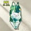 Lycra de una sola capa, lindo estampado de gato de té de leche de dibujos animados, traje de baño profesional de una pieza estilo carreras, diseñado para usar en piscinas