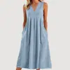 Ropa de Mujer Nueva Transfronteriza Europea y Americana Primavera y Verano Casual Holgada Moda Retro Algodón y Lino Sin Mangas Cuello en V Vestido con Bolsillo