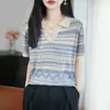 Nuevo Estilo Primavera y Verano 2026 Tejido de Punto Tencel Lino Cuello Solapa Manga Corta Corte Femenino Color Contrastante Camiseta Base Suelta