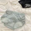 Calcinha de renda transparente com laço para mulheres, cintura média, desejo puro francês, feminina, de seda acetinada e malha, cueca sexy