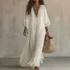 Sitio web independiente 2026 Ropa de mujer transfronteriza europea y americana con encaje y retazos, vestido largo de cuello en V, manga murciélago, vestido de vacaciones y playa