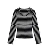 Camiseta de Manga Larga con Retazos Rayados Estilo Retro Americano para Mujer, Ajustada para Primavera, Ceñida a la Cintura, Top Básico Juvenil Casual