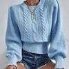 Coleção nova de outono e inverno transfronteiriça: suéter feminino de tricô trançado, cor sólida, gola redonda, modelagem solta, com mangas tipo lanterna, uma peça fashion e versátil