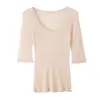 Foto real de camiseta negra de manga tres cuartos con cuello en U de lana Tencel para mujer, nueva de otoño 2026 estilo francés top rejuvenecedor 17727
