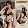 Conjunto de Lingerie Sexy Sedutor de Renda Vermelha Vazada para Bondage Apertado com Tiras e Abertura no Gancho Três Peças 2804